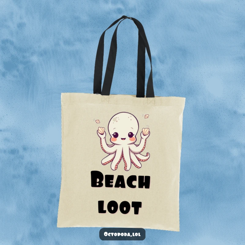 Funny octopus tote bag featuring a playful octopus character juggling small seashells, perfect for carrying beach finds and essentials.
