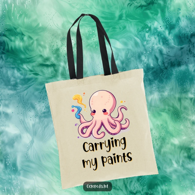 Funny Kawaii Octopus Tote Bag playfully squirting colorful ink in a swirling pattern, an artistic and spacious bag for everyday use.