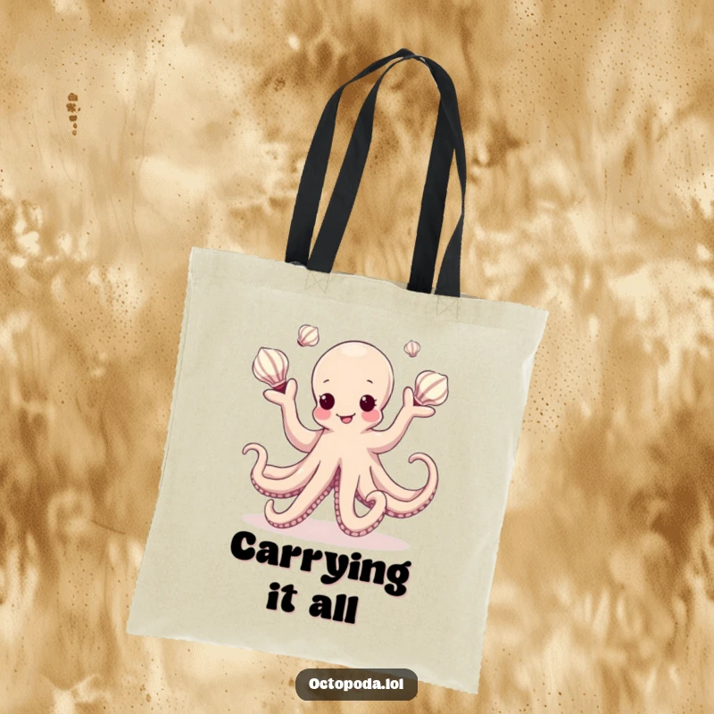 Funny Kawaii Octopus Tote Bag featuring a cephalopod artistically juggling seashells, a stylish and spacious bag for all your needs.