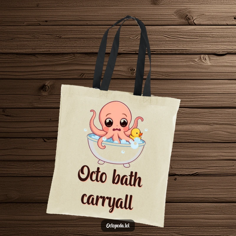 Funny Tote Bag: Surprised octopus with wide eyes leaps from a bubble bath with a rubber duck, bringing humorous splashy fun.