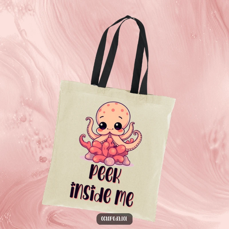 Funny tote bag featuring a curious octopus peeking from behind vibrant coral, adding a humorous and intriguing element.