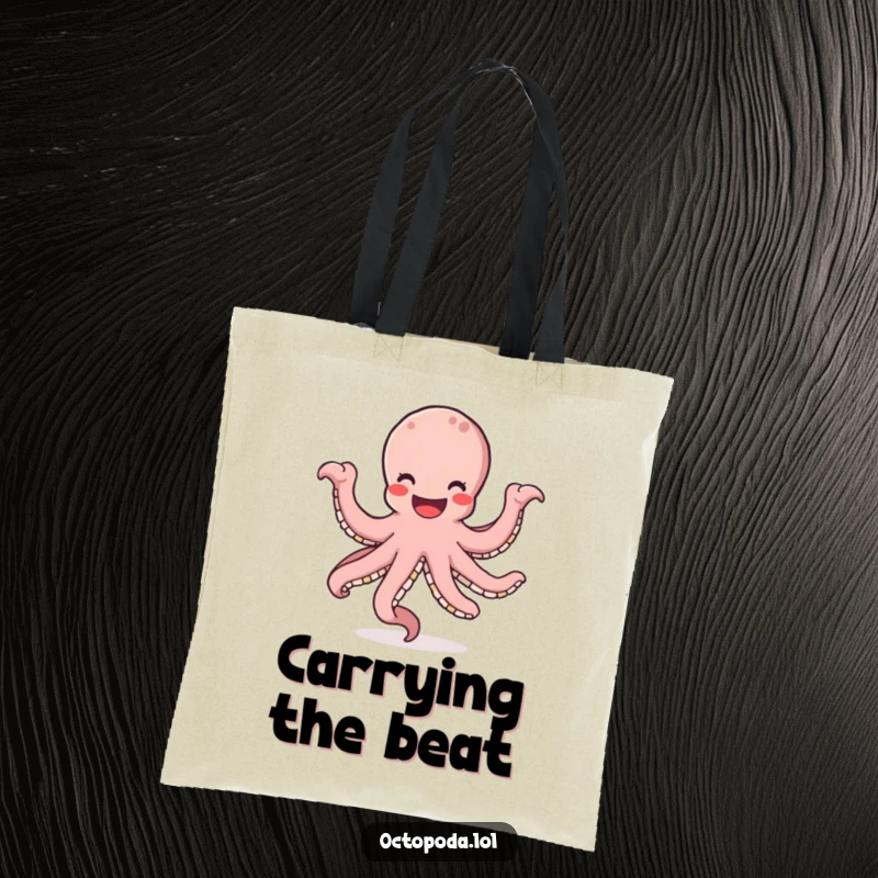 Funny tote bag featuring a smiling octopus joyfully dancing, its arms swirling in a circular motion, perfect for carrying essentials.