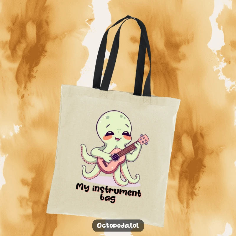 Funny tote bag illustration of a giggling octopus comically playing a miniature ukulele, ideal for carrying essentials with a smile.