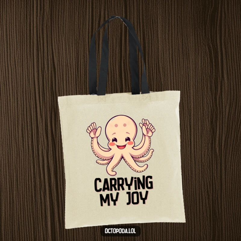 Funny Octopus Tote Bag: A smiling octopus with eight arms spread wide, offering high-fives, ready to carry your essentials with a cheerful vibe.