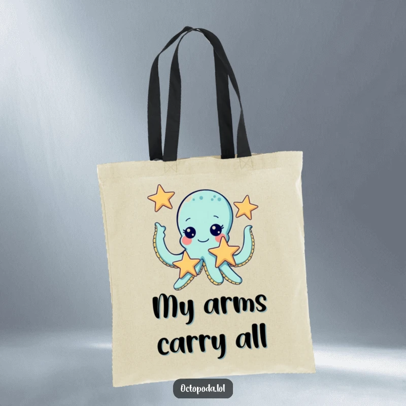 Funny tote bag depicting a cute octopus with joyful eyes, juggling three starfish with an infectious sense of fun.