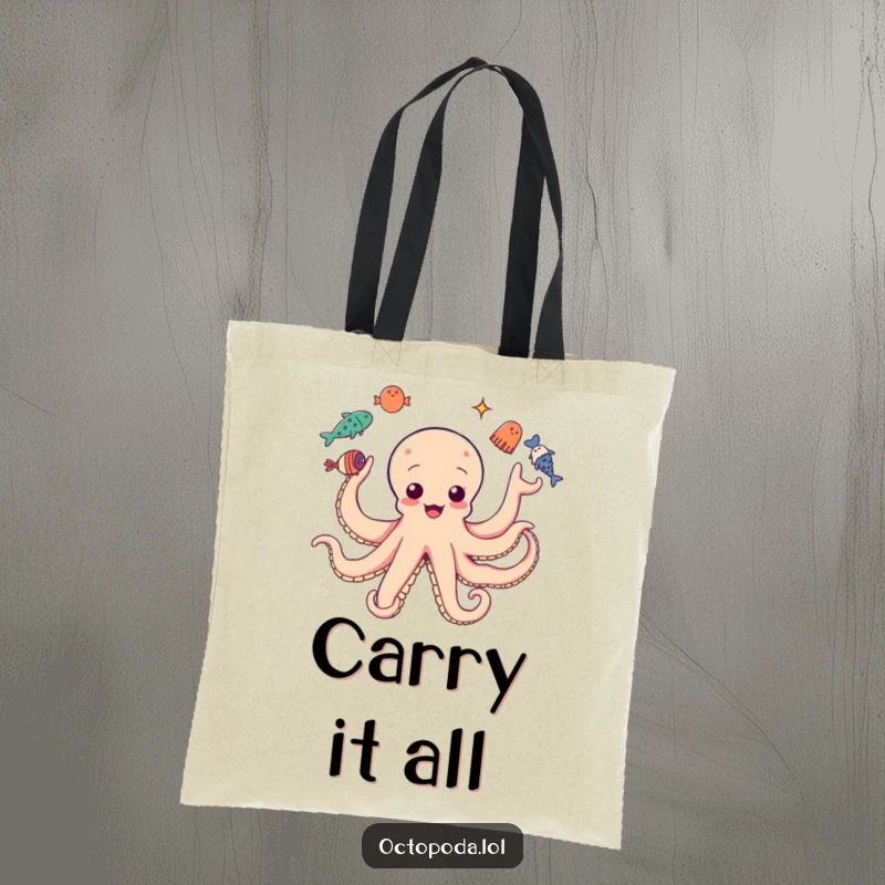 Funny tote bag with an octopus juggling sea creatures, vibrant marine life theme, practical and humorous.