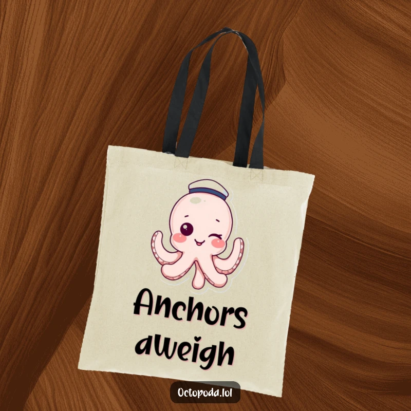 Funny tote bag with a winking octopus wearing a sailor hat, perfect for carrying items with nautical humor. A humorous gift.