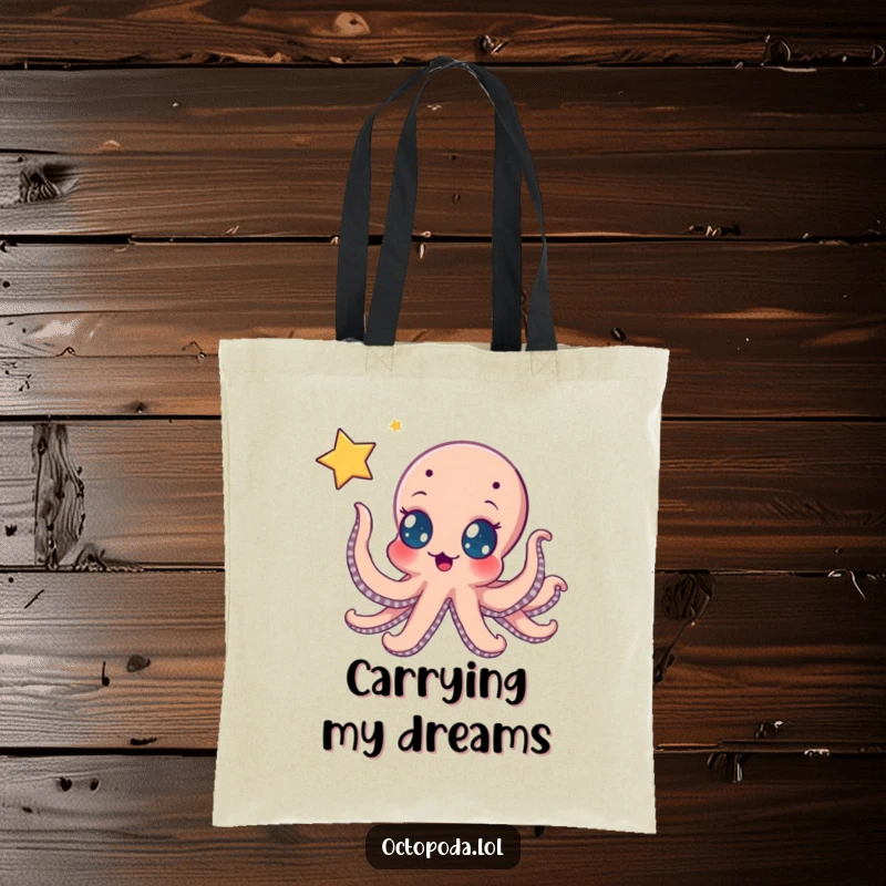 Funny tote bag: an excited octopus reaching for a floating, twinkling star, suitable for carrying books, groceries, or stardust.