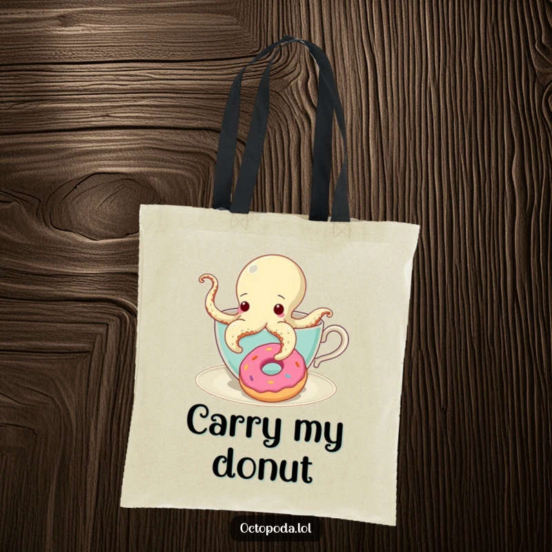 Funny Tote Bag with a curious octopus in a teacup reaching for a donut, ideal for carrying snacks and smiles.