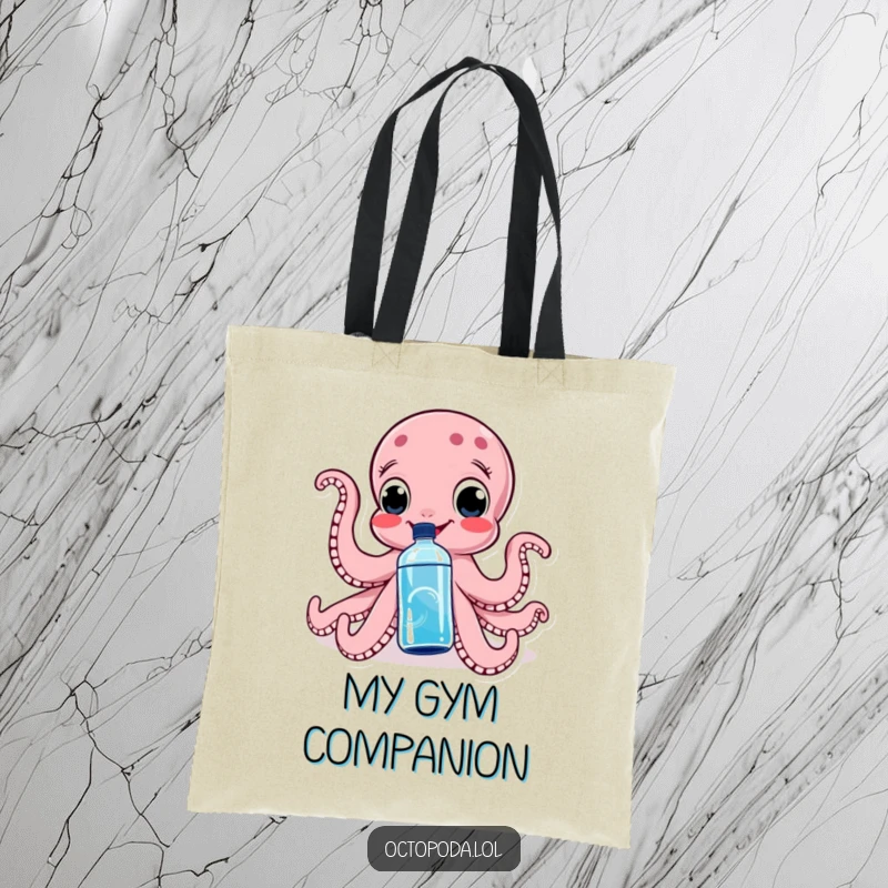 Funny tote bag with a smiling octopus squeezing a water bottle, great for groceries or gym essentials with a humorous twist.