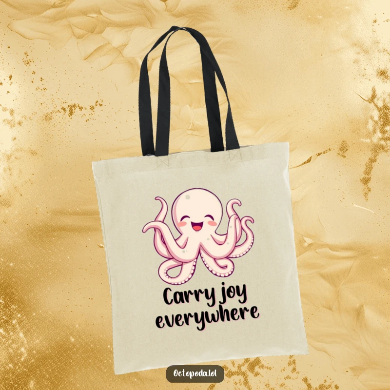 Funny tote bag showing an octopus gleefully wiggling its tentacles, a representation of pure, unbridled joy.
