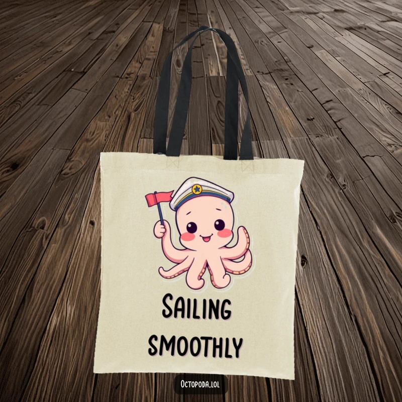 Funny tote bag with a playful octopus in a sailor hat waving a tiny flag, ideal for carrying essentials with nautical flair.