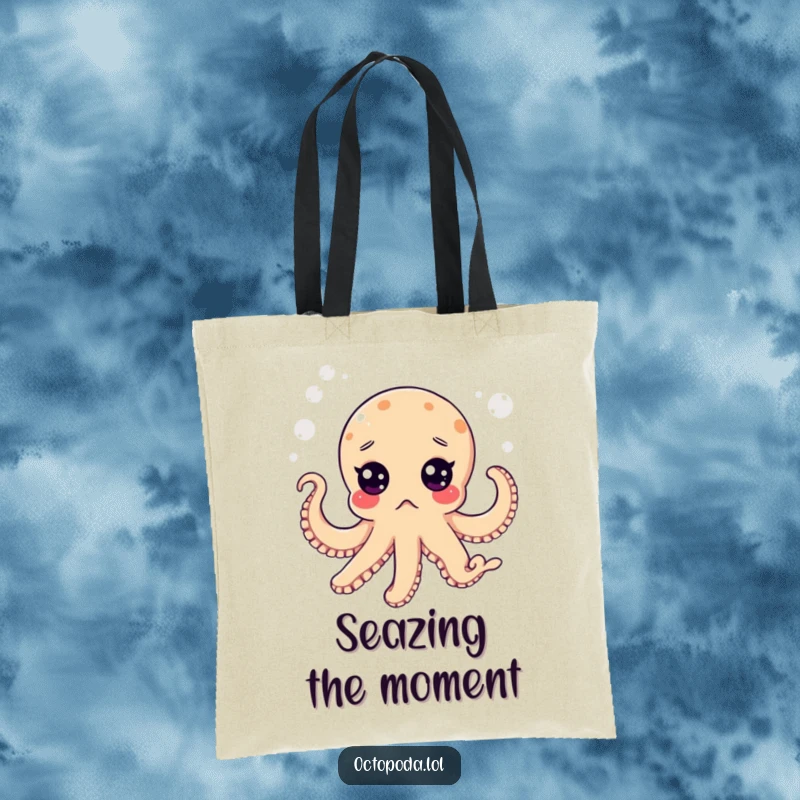 Funny tote bag featuring a surprised octopus with wide eyes floating in a bubbly sea, offering a humorous accessory.