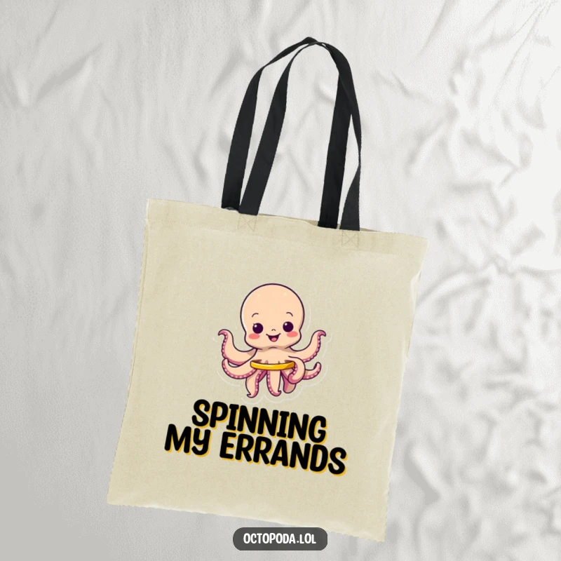 Funny tote bag featuring a wiggling octopus character energetically spinning a tiny hula hoop, designed for fun outings.