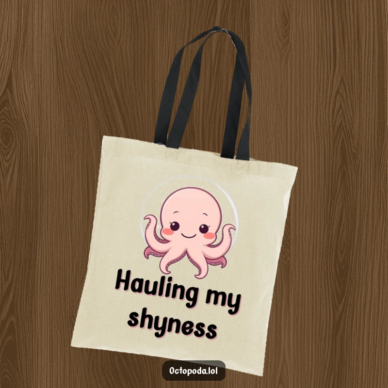 Funny tote bag with a shy octopus hiding behind a large, smiling bubble, perfect for carrying daily items discreetly.
