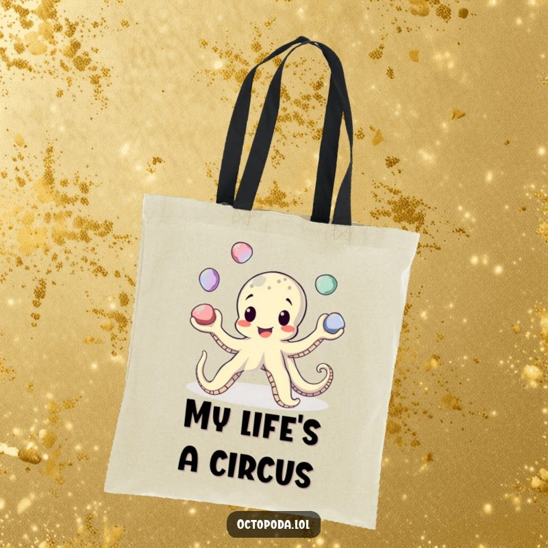 Funny Juggling Octopus Tote Bag: An octopus character juggles pebbles, making it a functional and funny accessory.