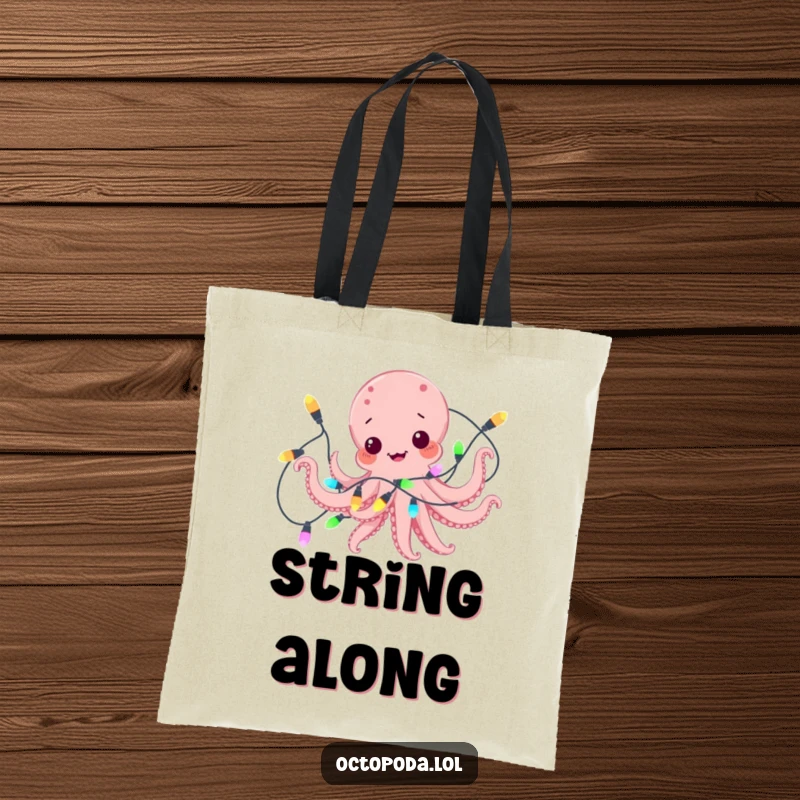 Funny tote bag graphic of a playful octopus comically tangled in a string of colorful festive lights, ready for holiday cheer.