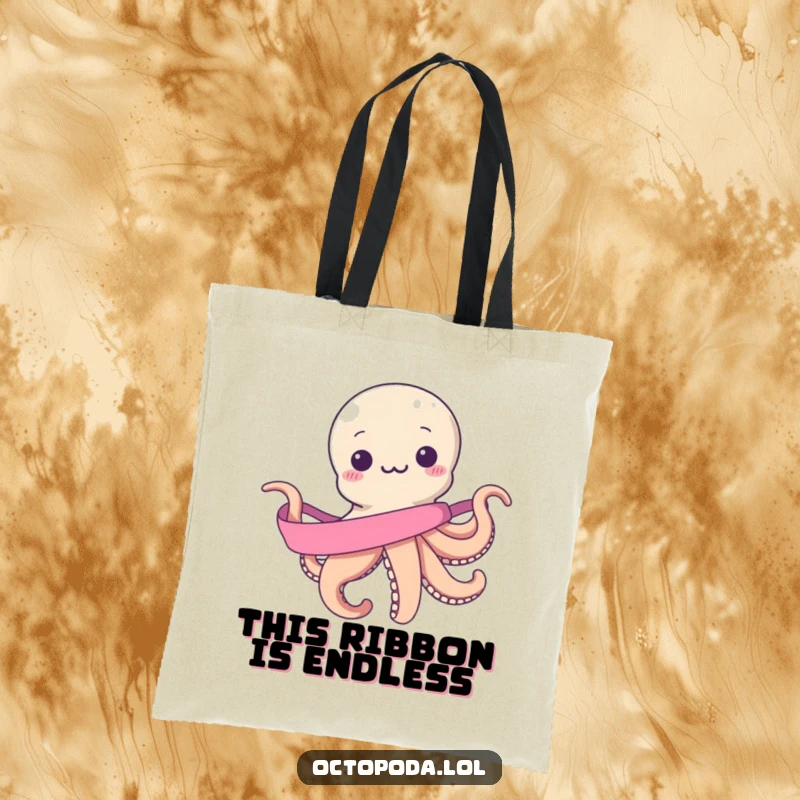 Funny tote bag: a smiling octopus comically attempting to wrap itself in a single, endless ribbon spool, great for carrying groceries or treasures.