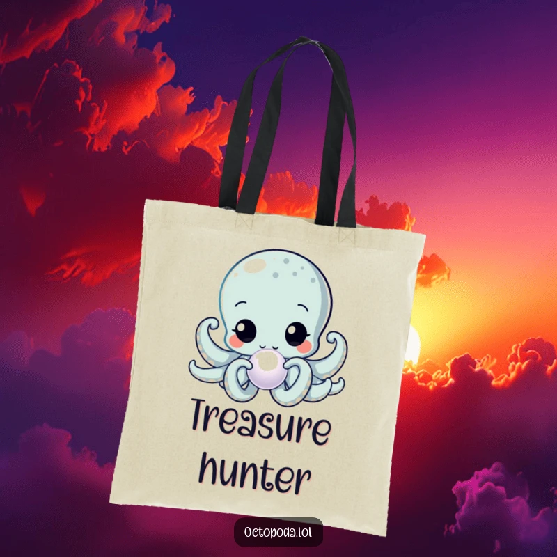 Funny Kawaii Octopus Tote Bag featuring a curious cephalopod inspecting a shimmering pearl, a stylish and practical accessory.