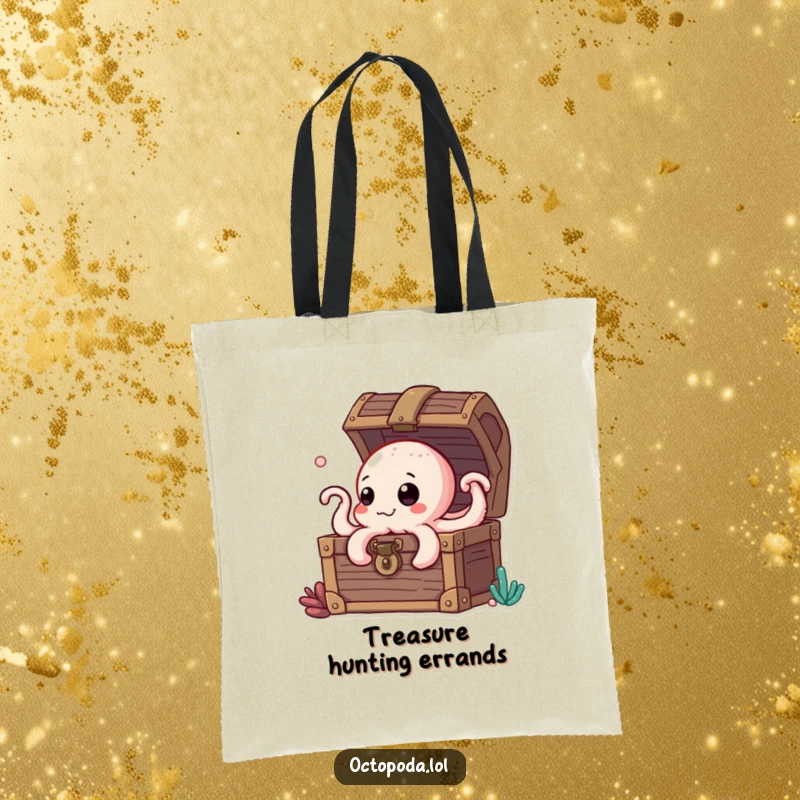 Funny tote bag featuring a curious octopus peeking out of a treasure chest filled with shiny coins and gems.